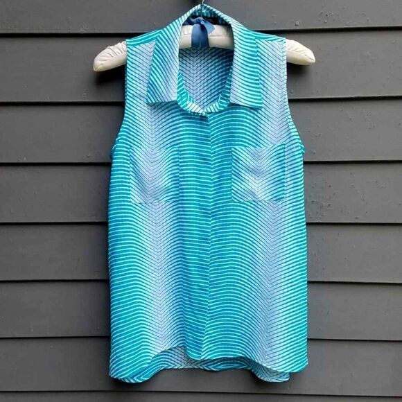 Notations Blue White Stripe Sheer Sleeveless Button Down Blouse size Medium - Picture 1 of 10